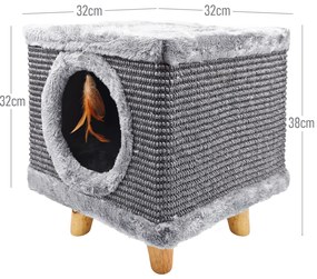 Solidny drapak dla kota, mały 38cm, szary z piórkiem i legowiskiem Cabin I