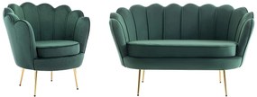 Kanapa 2 osobowa i fotel muszla z weluru w butelkowej zieleni - DANDELION