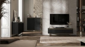 Ryflowana szafka RTV Selene 140 cm, czarna na złotych płozach