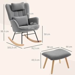 HOMCOM Fotel bujany z podnóżkiem, miękkie pokrycie polarowe, drewniane nogi, poduszka, wysokie oparcie, fotel bujany, ciemnoszary