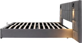 Łóżko ze schowkiem i regulowanym zagłówkiem - 160 x 200 cm - aksamit - z regulowaną lampką i USB - styl nowoczesny - szary