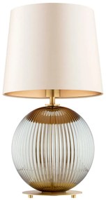Lampa stołowa do salonu z abażurem - Hamilton – szkło ryflowane dymione, abażur beżowy środek złoty