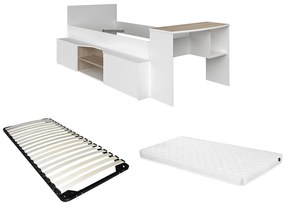 Łóżko piętrowe 90 x 190/200 cm z biurkiem i schowkami - Biały i naturalny + Stelaż + Materac - JOCHIANE