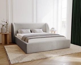 Emporius Barcelona łóżko z zaokrąglonym zagłówkiem - łóżko tapicerowane 140x200, pojemnik i stelaż - nowoczesny styl, tkanina aksamitna, jasny szary (Komodo 20)