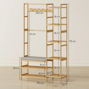 HOMCOM Wieszak na ubrania z półką na buty, haki na ubrania, stojak na płaszcze, ławka z poduszką, do przedpokoju, strefy wejściowej, drewno naturalne