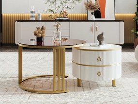 Zestaw 2 okrągłych stolików kawowych 2 w 1, stolik pomocniczy MDF - blat ze szkła hartowanego w kolorze brązowym - 2 szuflady - 70x70x45 + 50x50x40 cm