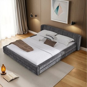 Łóżko podwójne 140×200 cm w tkaninie szenilowej, wygodny zagłówek, solidna rama z eukaliptusa i metalu, łatwy montaż – ciemnoszary