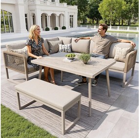 Salon ogrodowy, zestaw mebli z rattanu PE na 6-8 osób - kanapa narożna - z żelaza ocynkowanego - Blat stołu w stylu drewna - ławka, Beżowy