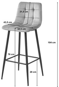 Hoker ARCETO - czarny aksamit / nogi czarne x 3 komplet 3 sztukiwysokość 103 cm