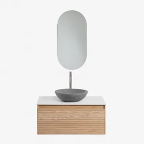 Zestaw Wiszących Mebli Łazienkowych Z Drewna Jesionowego Tedrik Popielaty Brąz & Okrągły Szary Cement Ø40 Cm Tarsis - Sklum