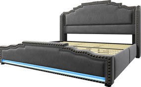 Łóżko podwójne tapicerowane 180x200cm - z 4 szufladami - z LED i portami ładowania - Szare