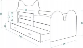 Łóżko dziecięce Mruczek z szufladą 80x140/160/180 barierka kotek MDF + stelaż Flex