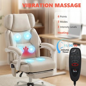 HOMCOM Wysokie krzesło biurowe z masażem wibracyjnym i podgrzewaniem, ergonomiczne, regulowane, z podnóżkiem, kremowobiały | Aosom PL