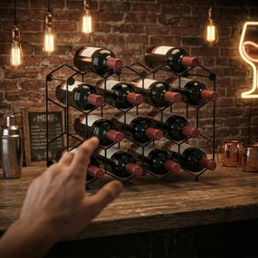HOMCOM Stojak na wino na 13 butelek z designem plastra miodu, regulowanymi nóżkami, zabezpieczeniem przed przewróceniem, metalowy, 43 x 15,5 x 31 cm, czarny | Aosom PL