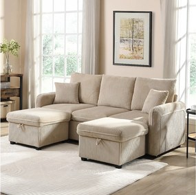 Beżowa sofa narożna - sofa 3-osobowa z 2 szufladami i 2 hokerami ze schowkiem - szenil