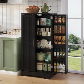 Wysoka komoda kuchenna - 60 x 40 x 120 cm - z oświetleniem LED + 2 drzwi z regulowanymi półkami i półkami na drzwiach - MDF - czarna