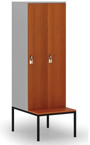Drewniana szafa ubraniowa S4 z ławką, 2-drzwiowa, 1871 x 600 x 500/800 mm, demontaż, zamek obrotowy, szary/czereśnia