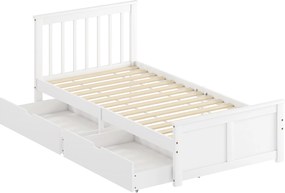 HOMCOM Rama łóżka jednoosobowego, drewniana rama, szuflady na kółkach, bez potrzeby stelaża, 90 x 200 cm, biały