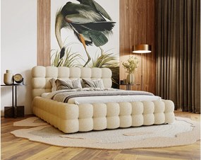 Emporius Parlas Bis łóżko 200x200 z pojemnikiem, łóżko tapicerowane do sypialni - gruba pianka, stelaż, tkanina boucle, beżowy (Anthology 3)