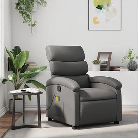 Fotel masujący z funkcją wibracji i boczną kieszenią, szary ze skóry ekologicznej