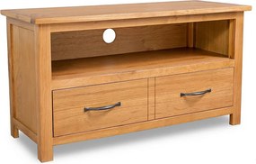 Mebel RTV z litego dębu 90x35x48 cm z LED, szufladą i schowkiem, styl nowoczesny brązowy