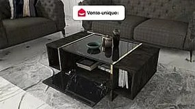 Stolik kawowy 1-drzwiowy z 2 półkami – efekt czarnego marmuru, ciemny naturalny i złoty – CADEBA