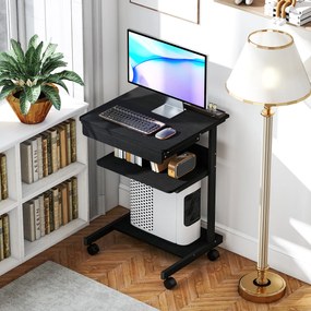 HOMCOM Biurko PC z szufladą i 2 półkami na 4 kółkach, z drewna i metalu, 56x51x79 cm, czarne | Aosom PL