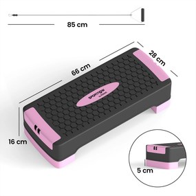 SPORTNOW Deska do stepu regulowana Fitness Aerobic Stepper 2 poziomy (11/16 cm) 2 taśmy oporowe, mata antypoślizgowa Różowy | Aosom PL