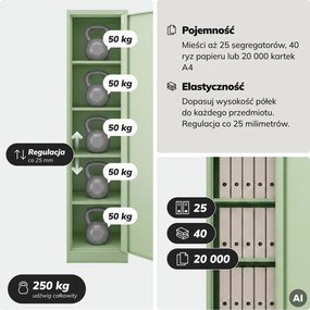 Szafa biurowa metalowa na akta, wąska, pastelowy zielony, 450x1850x400 mm: ALEX Fresh Style