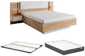 Łóżko z szafkami nocnymi 160 x 200 cm - Z oświetleniem LED - Naturalny i biały + Stelaż + Materac - ELYNIA