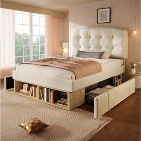 Łóżko dziecięce 90 x 200 cm z pojemnikiem na pościel, regulowane zagłówkiem + szuflady + półki - welurowe - beżowe
