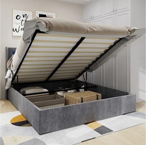 Łóżko ze schowkiem 140x200 cm z oświetleniem LED, drewniany stelaż z listew - szary aksamit (bez materaca)