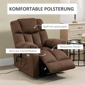 HOMCOM Fotel relaksacyjny Z pomocą na stojąco Oparcie regulowane do 145° Z podnóżkiem Z pilotem zdalnego sterowania Brązowy | Aosom PL