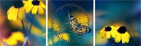 Obraz - Żółty motyl z kwiatami (z zegarem) (90x30 cm)