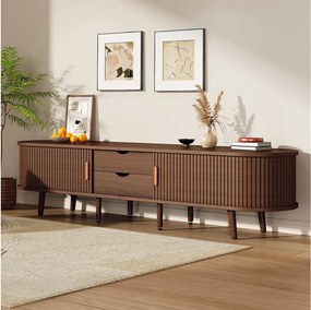 Owalna szafka pod telewizor z orzecha - Stolik pod TV z 2 szufladami i 2 drzwiami przesuwnymi - 4 regulowane na wysokość centralne nogi