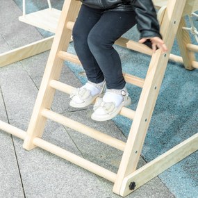 AIYAPLAY 5-w-1 domowy zestaw wspinaczkowy z zjeżdżalnią, huśtawką, siatką do wspinaczki, koszem do koszykówki, składany, 3-6 Jahre, drewno naturalne