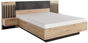 Łóżko z szafkami nocnymi 160 x 200 cm - Z oświetleniem LED - Naturalny i czarny + Stelaż - ARIADA