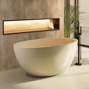 Wanna wolnostojąca owalna beżowa błyszcząca z konglomeratu 160 x 85 cm KALMI BEIGE GLOW z przelewem SLIM cienki rant