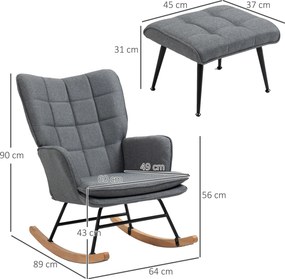 HOMCOM Krzesło Bujane z Podnóżkiem, Komfortowe, do 130 kg, Wygląd Lnu, 64x89x90 cm, Szary