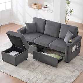 Ciemnoszara sofa 4-osobowa - Sofa narożna z oświetleniem LED i podnóżkiem ze schowkiem - uchwyt na kubek i boczne kieszenie - sztruks