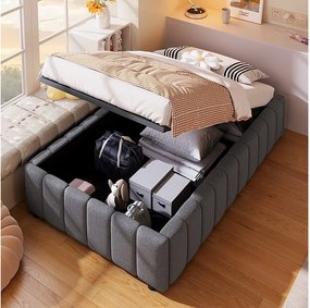 Łóżko ze schowkiem 90 x 200 cm bez wezgłowia - Tkanina lniana - Stelaż z listew w zestawie - Szare (bez materaca)