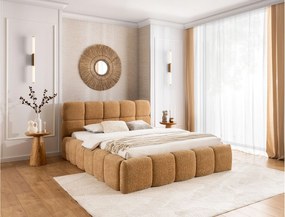 FURNISTAR Łóżko tapicerowane SOFIA 160x200 z pojemnikiem|Bubble|Łóżko dwuosobowe|Stelaż|Wygląd łóżka kontynentalnego|bez materaca-Karmelowy