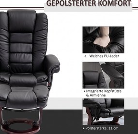HOMCOM Fotel relaksacyjny z podnóżkiem, fotel rozkładany, obrotowy, odchylane oparcie, wygląd skóry, do 130 kg, czarny | Aosom PL