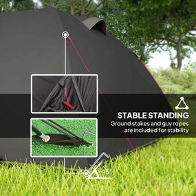 Outsunny Lekki Namiot Campingowy dla 4 Osób UV 50+ - Tunelowy, Czarny z Przedsionkiem, Bocznymi Drzwiami i Oknami