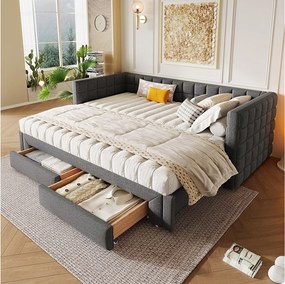 Łóżko wysuwane 90/180 x 200 cm, Tapczan z wezgłowiem i 2 szufladami - Aksamit - Szary (bez materaca)