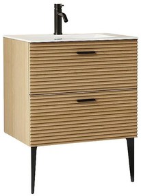 Podwieszana szafka łazienkowa prążkowana na nóżkach z umywalką wpuszczaną i baterią - 2 szuflady - Jasny naturalny - 60 cm - SARONE