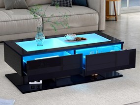 Stolik kawowy wysokiego połysku 100×50×35 cm - 2 szuflady - z oświetleniem LED - szklany blat - płyta wiórowa - czarny