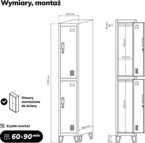 Szafka ubraniowa metalowa pracownicza głęboka 2-drzwiowa szara, 292x1720x600 mm: BARTEK 1 Plus D600