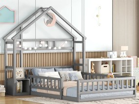 Łóżko kabinowe 140 x 200 cm z szafką nocną - Sosna i MDF - Szare