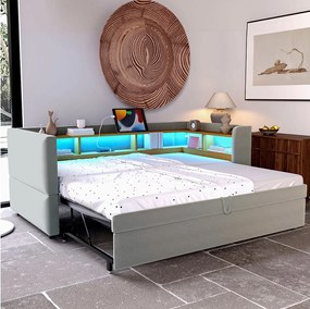 Sofa rozkładana z wysuwaną ławką - 2 x 90 x 190 cm - Przechowywanie + diody LED + gniazda ładowania - Drewno lite - Jasnoszary
